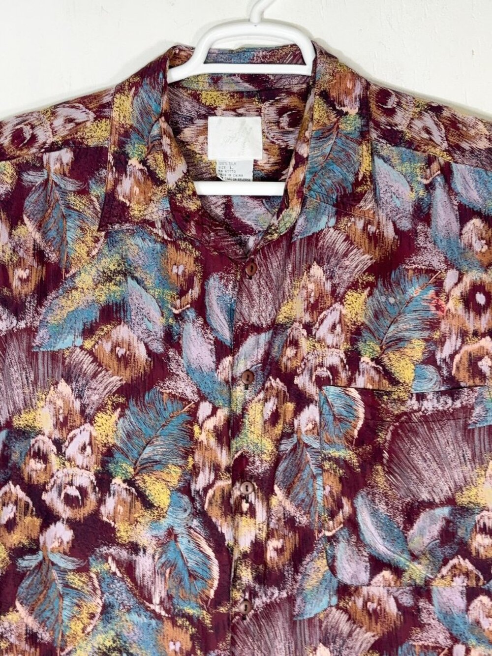 VTG 90s Mens L 100% Silk Floral Feather Print Short Sleeve Shirt Indie Sleeze